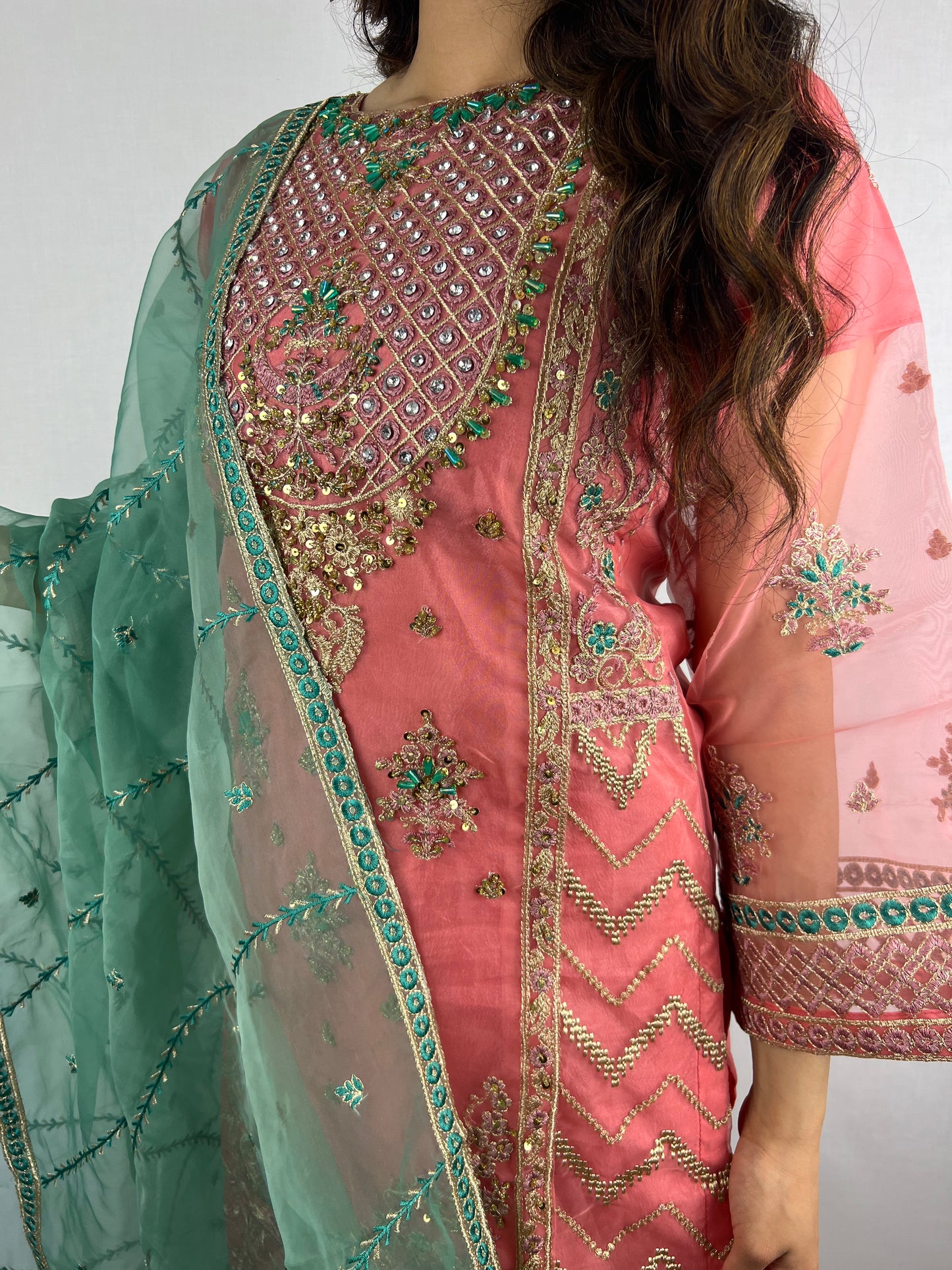 Rose Pink & Green Sharara Suit