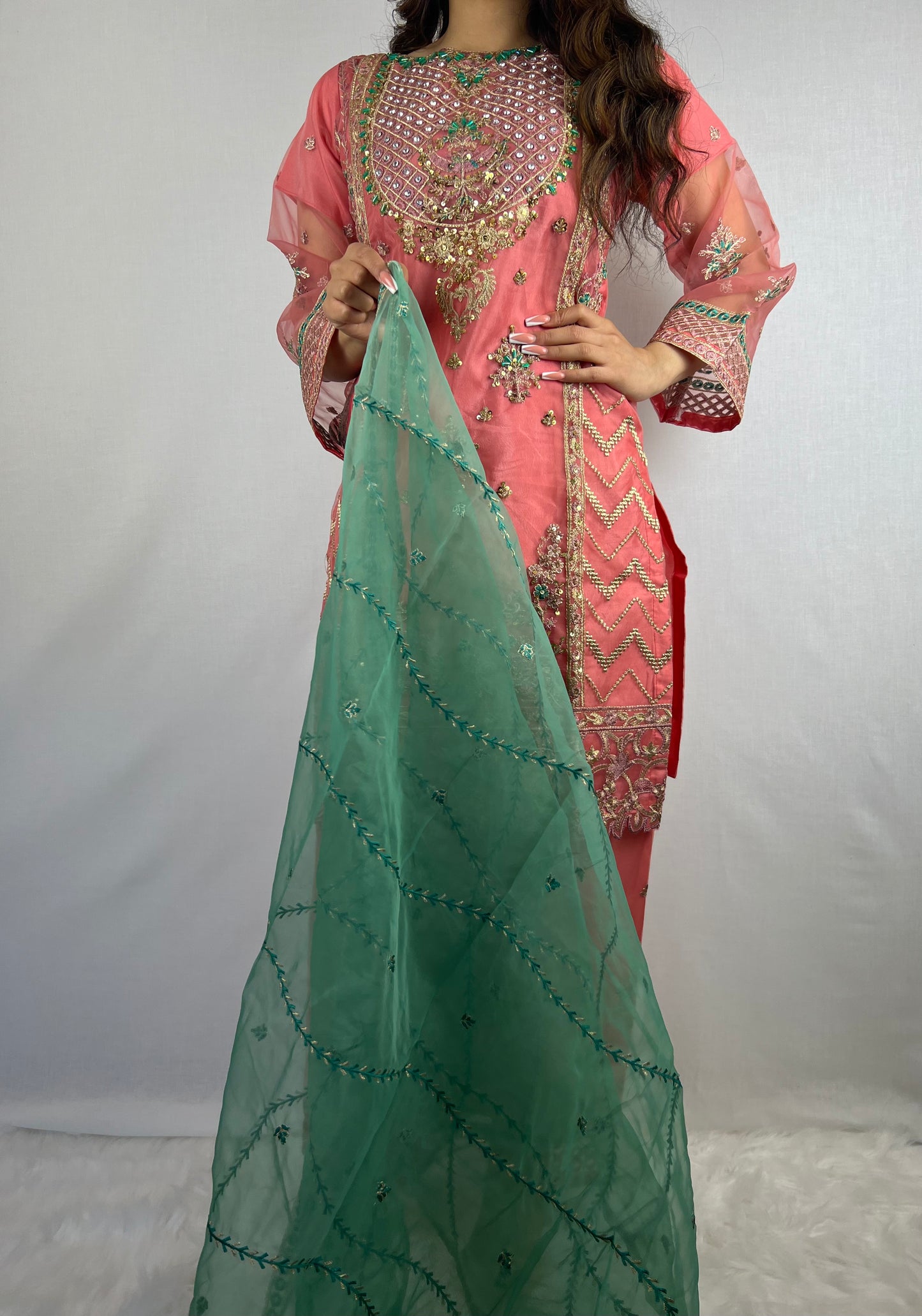 Rose Pink & Green Sharara Suit