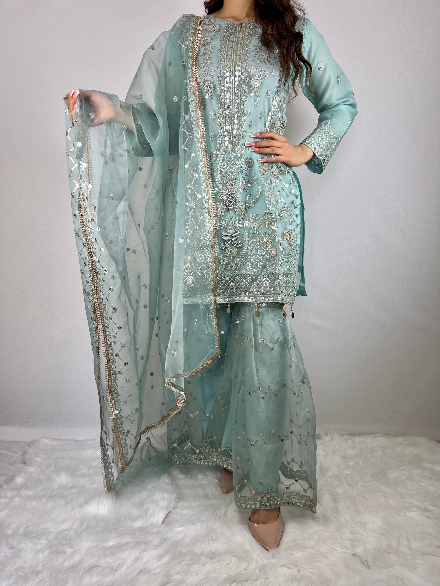 Baby Blue Embroidered Sharara