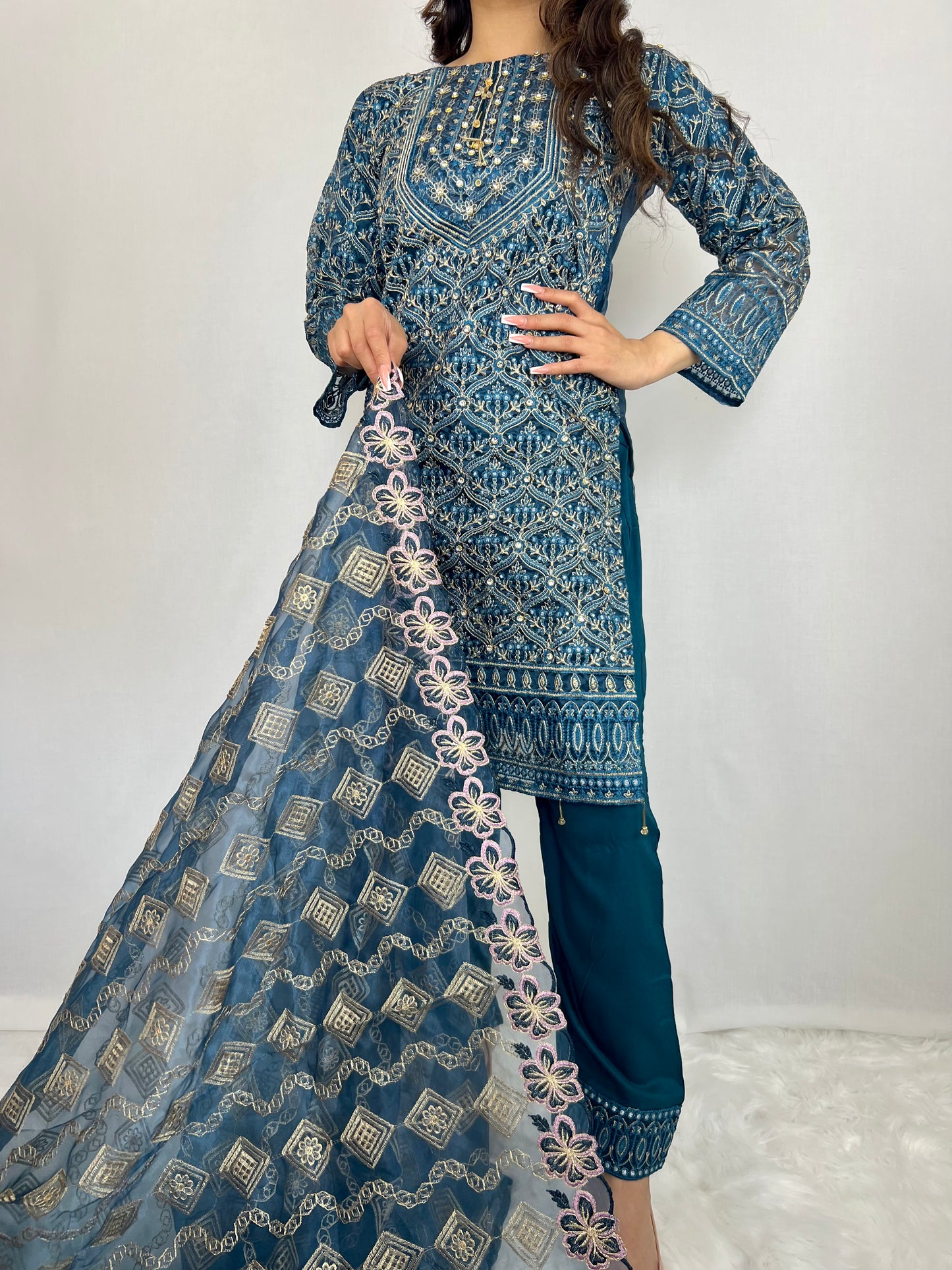 Turquoise Blue Salwar Kameez With Floral Dupatta