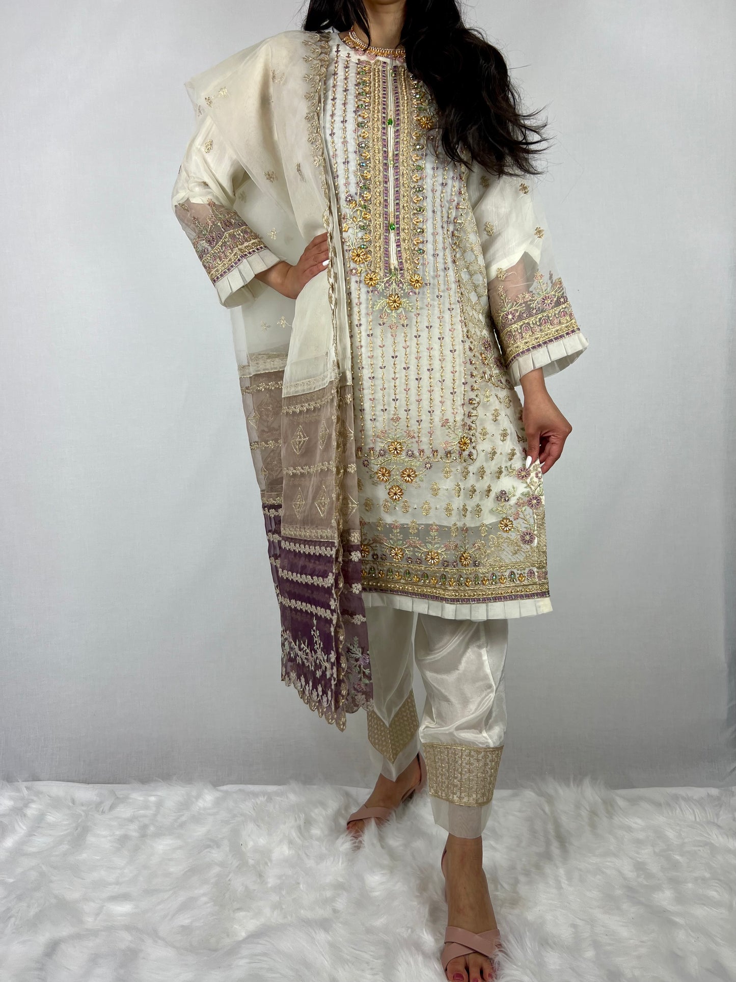 Cream & Purple Salwar Suit
