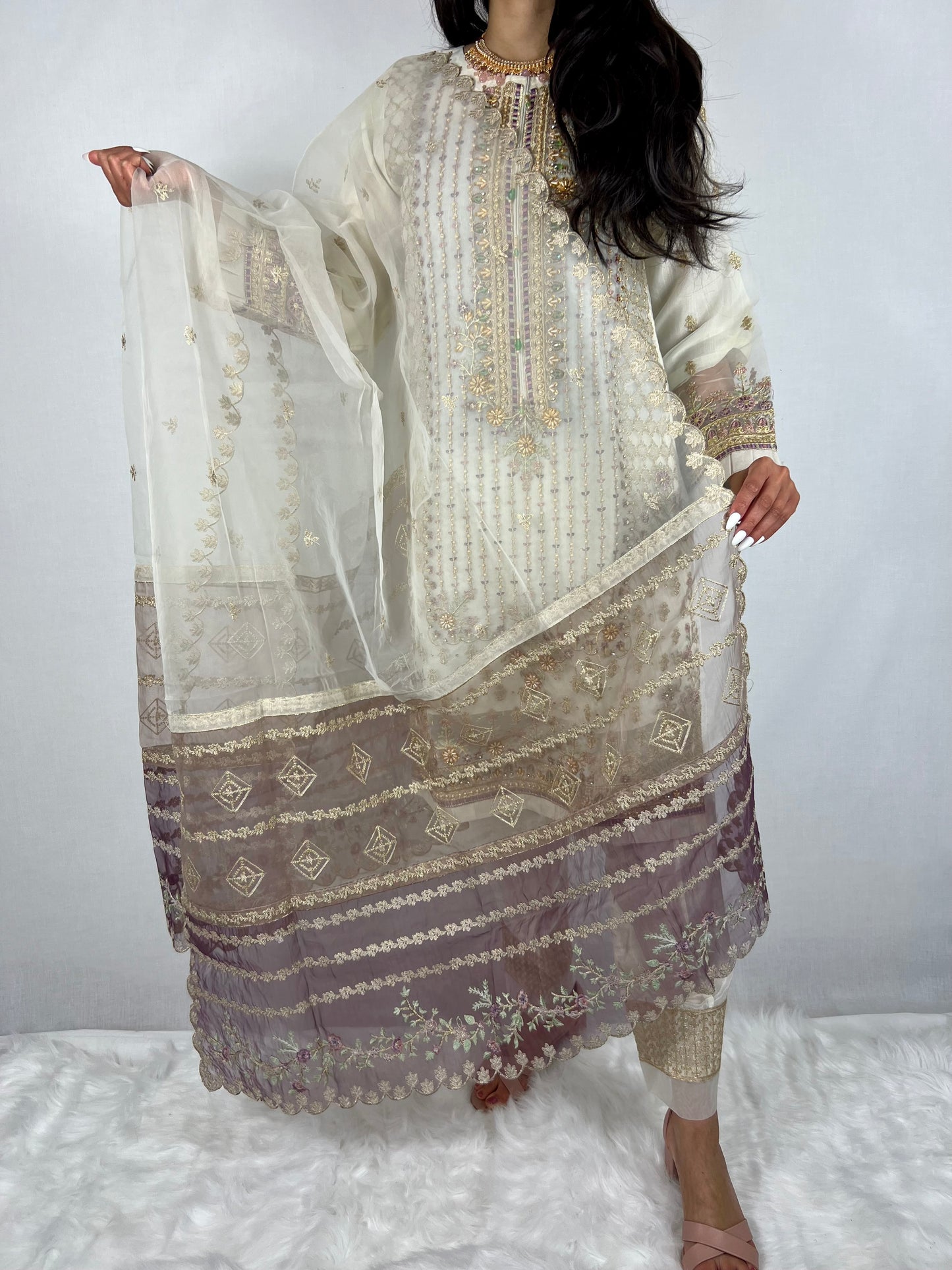 Cream & Purple Salwar Suit