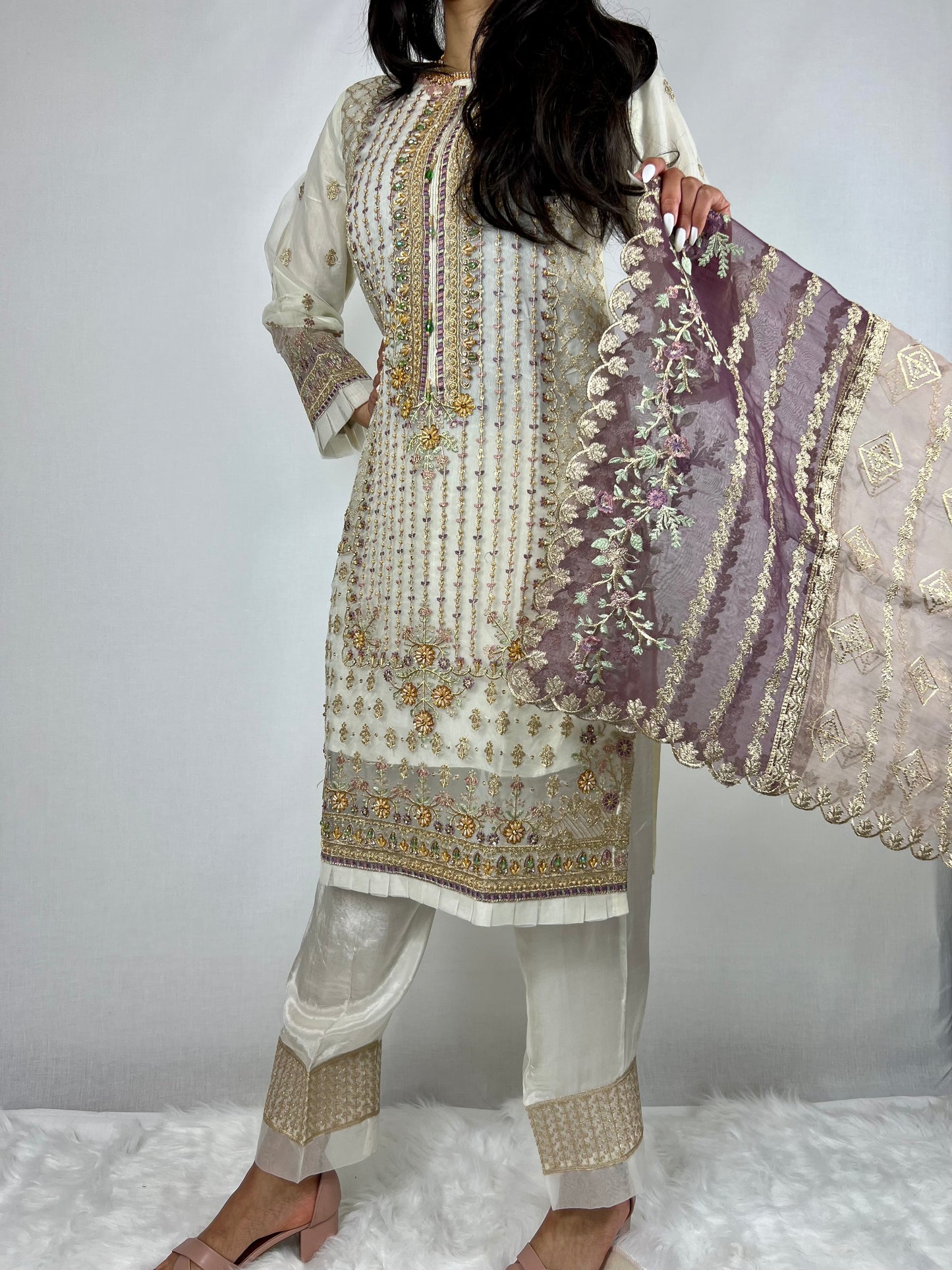 Cream & Purple Salwar Suit