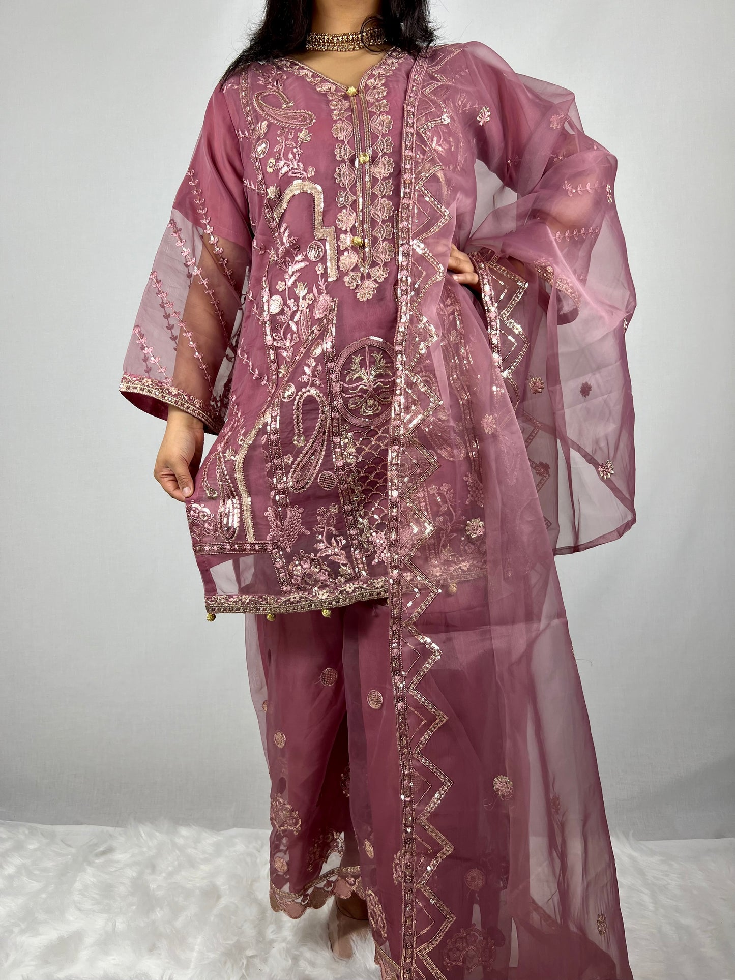 Mauve Pink Sharara Suit Gold Zardozi Embroidery