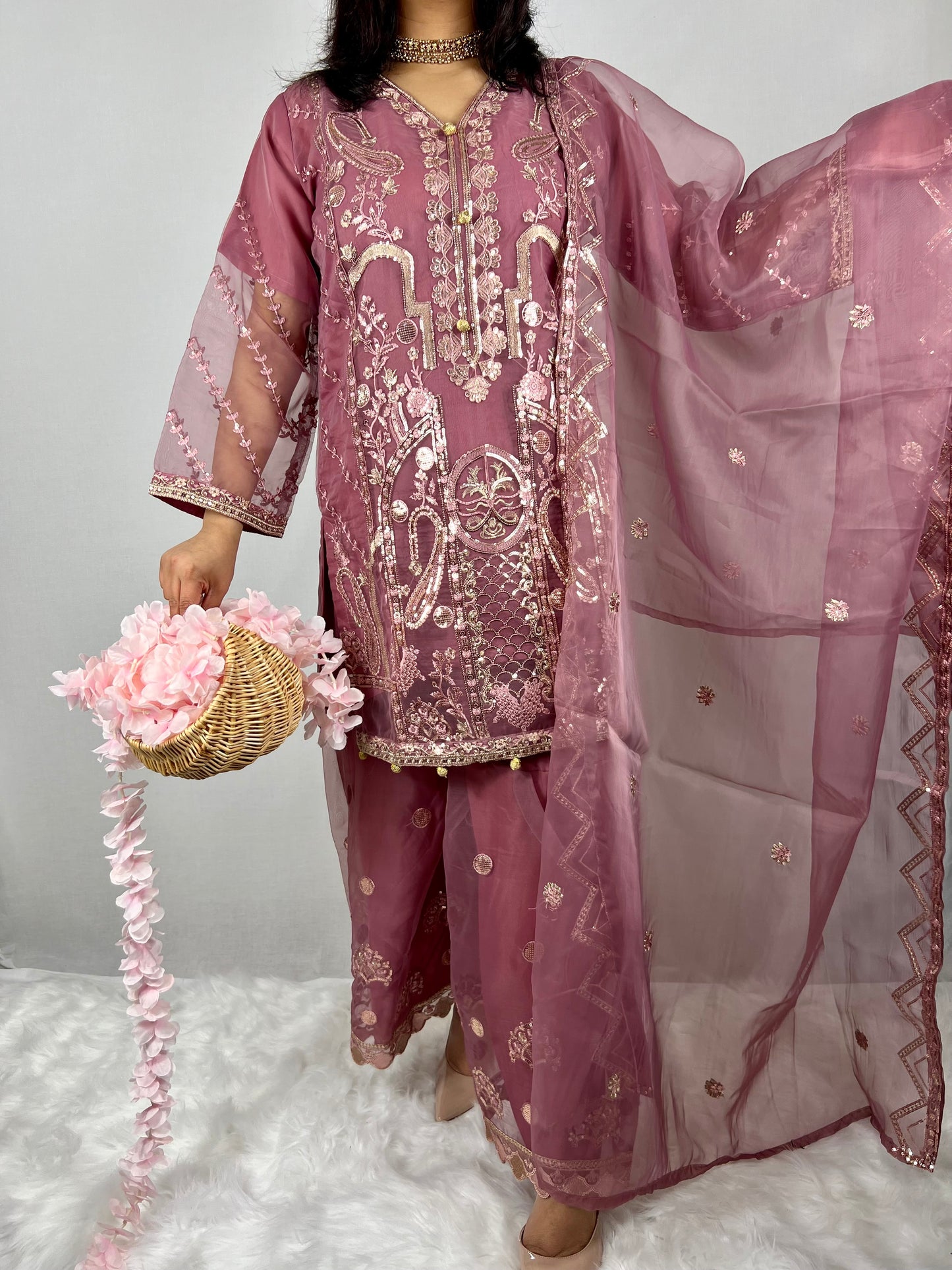 Mauve Pink Sharara Suit Gold Zardozi Embroidery