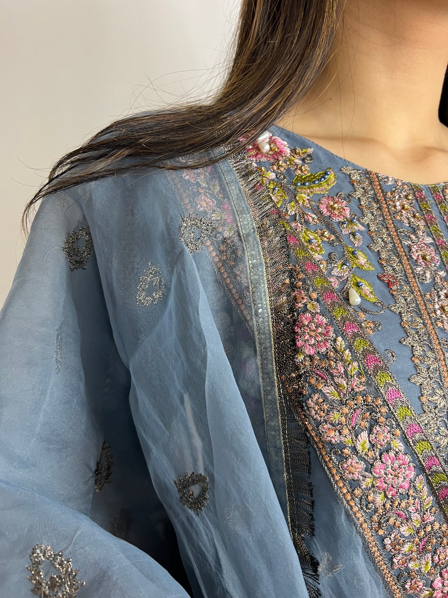 Steel Blue Straight Cut Salwar Kameez