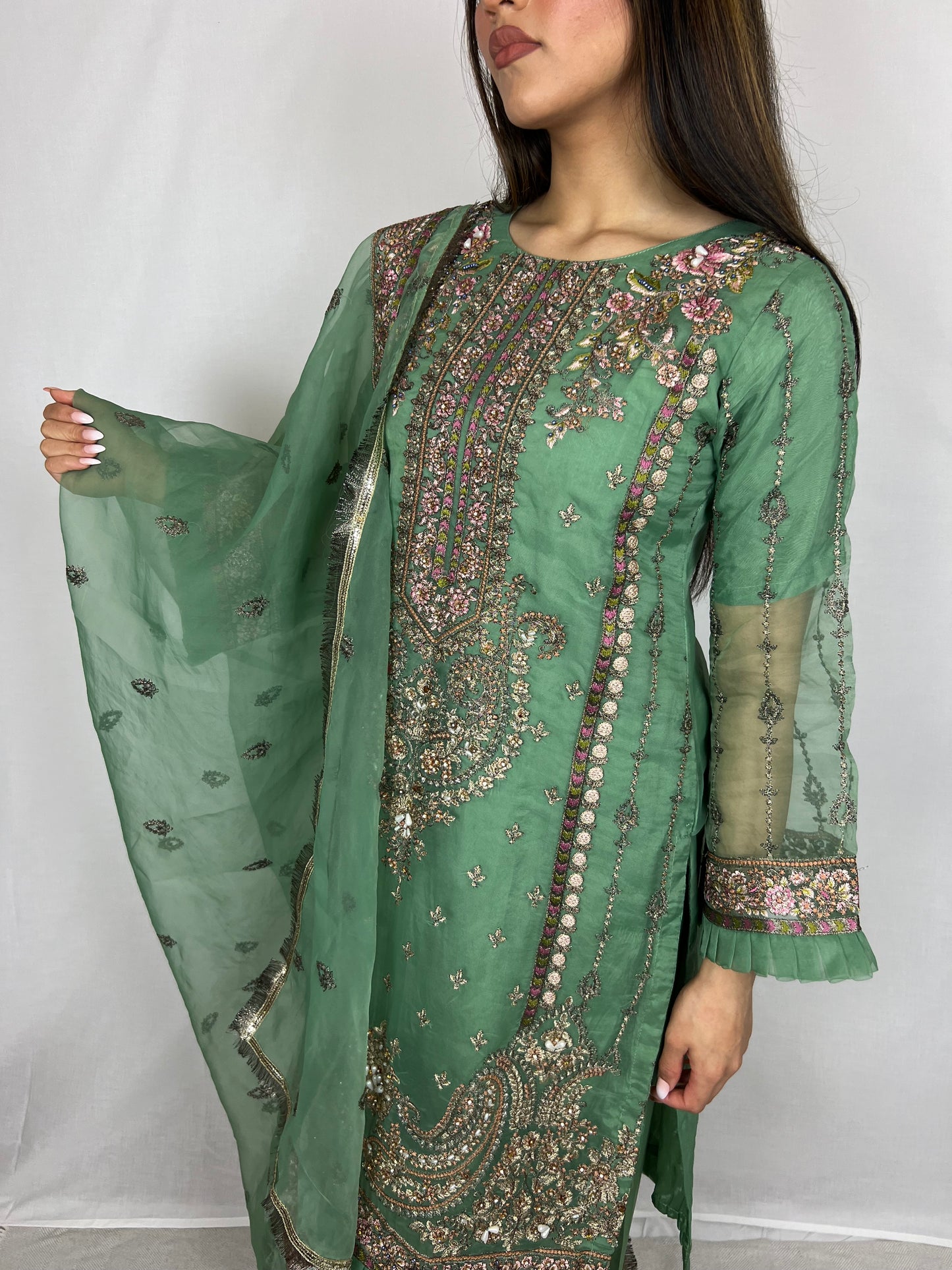 Lawn Green Straight Cut Salwar Kameez