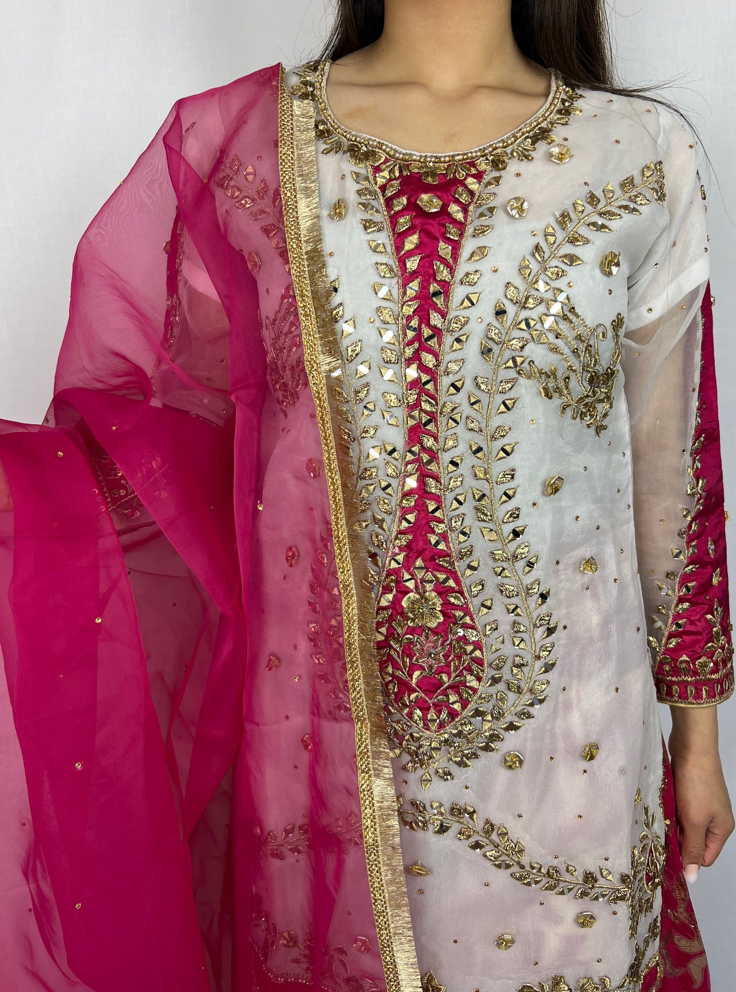 White & Hot Pink Mehndi Gharara Suit