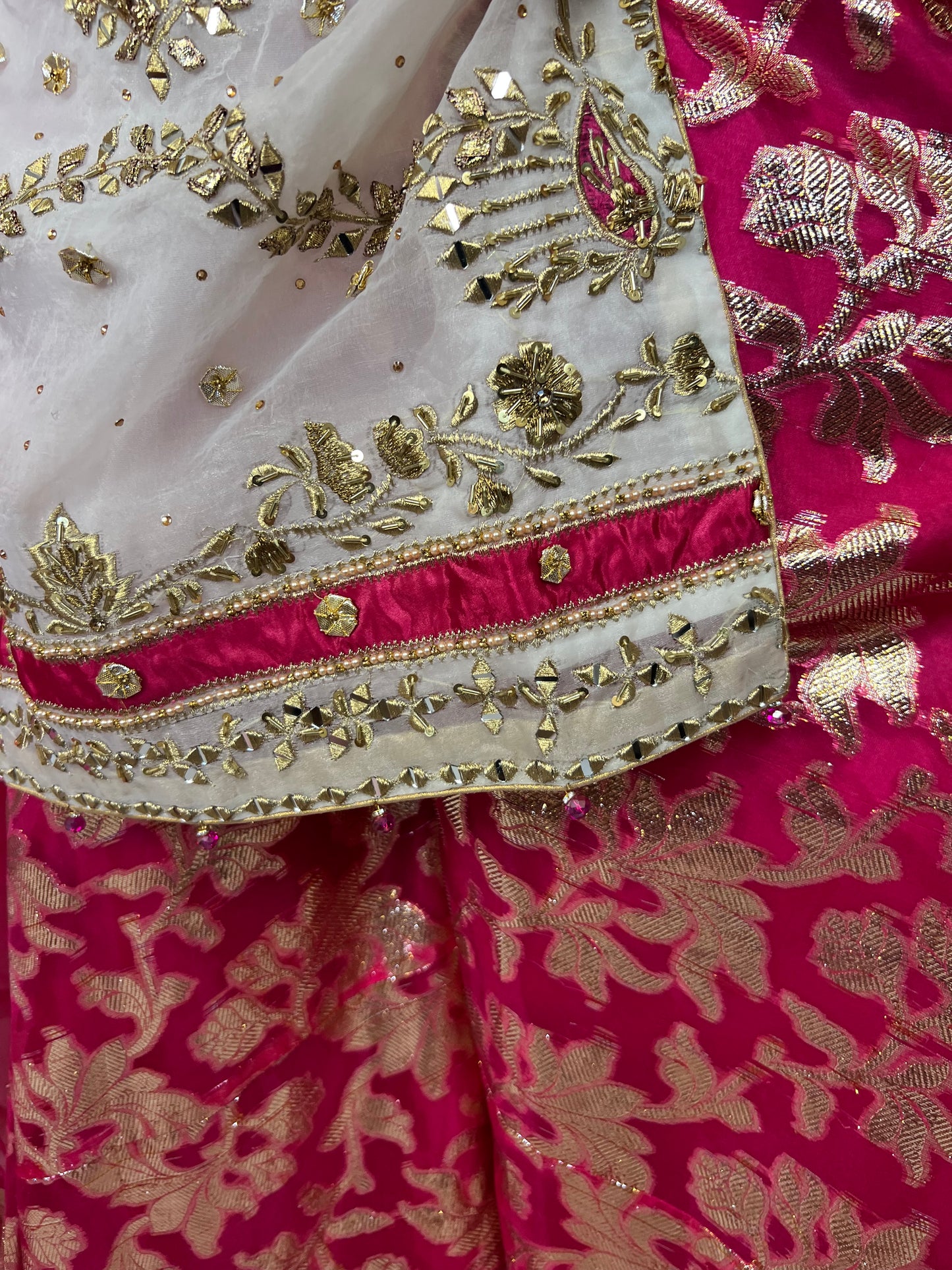 White & Hot Pink Mehndi Gharara Suit