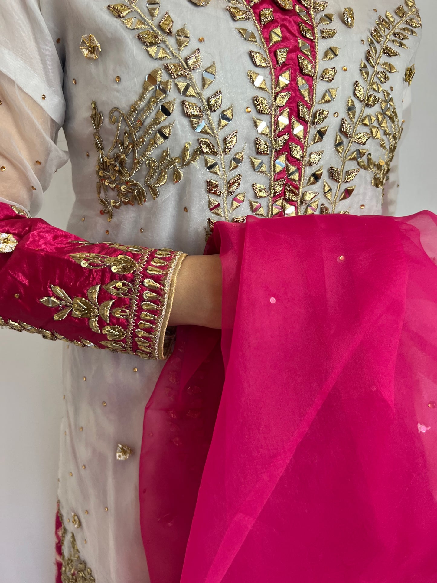 White & Hot Pink Mehndi Gharara Suit