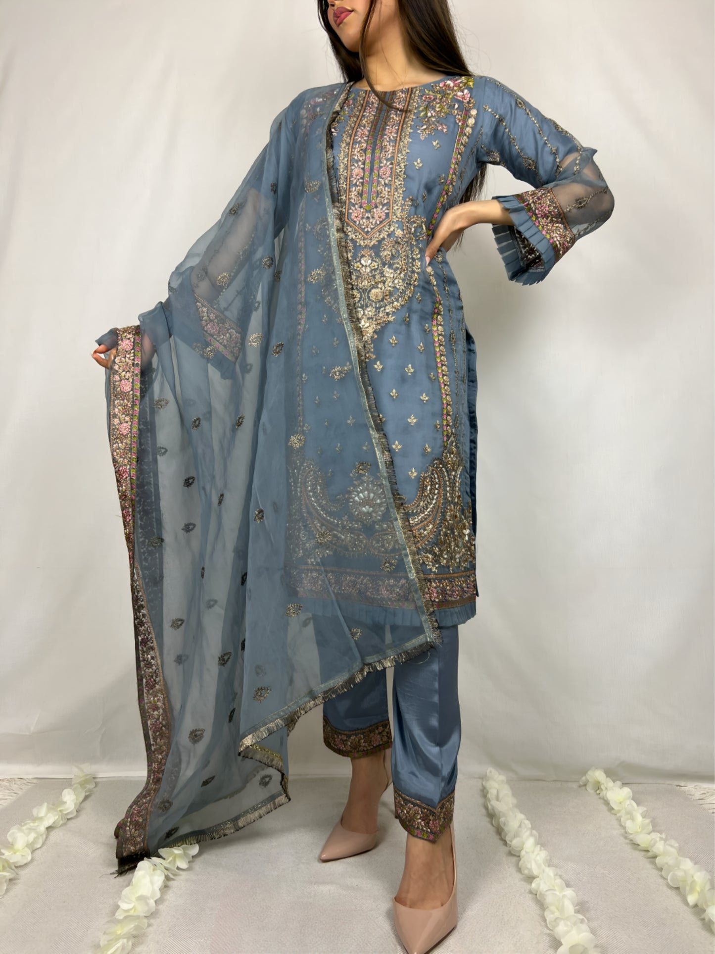Steel Blue Straight Cut Salwar Kameez