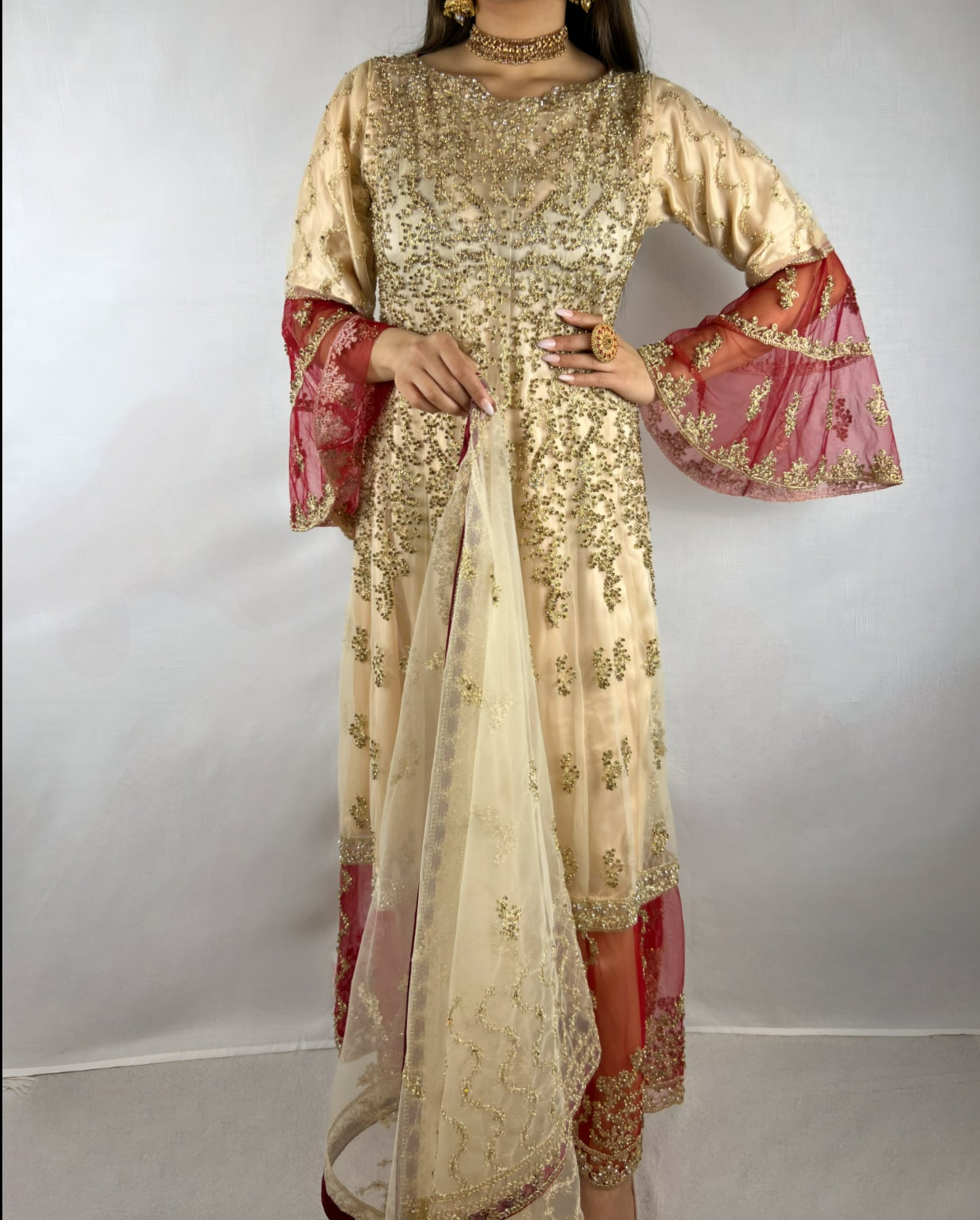 Cream & Red Georgette Anarkali Dress