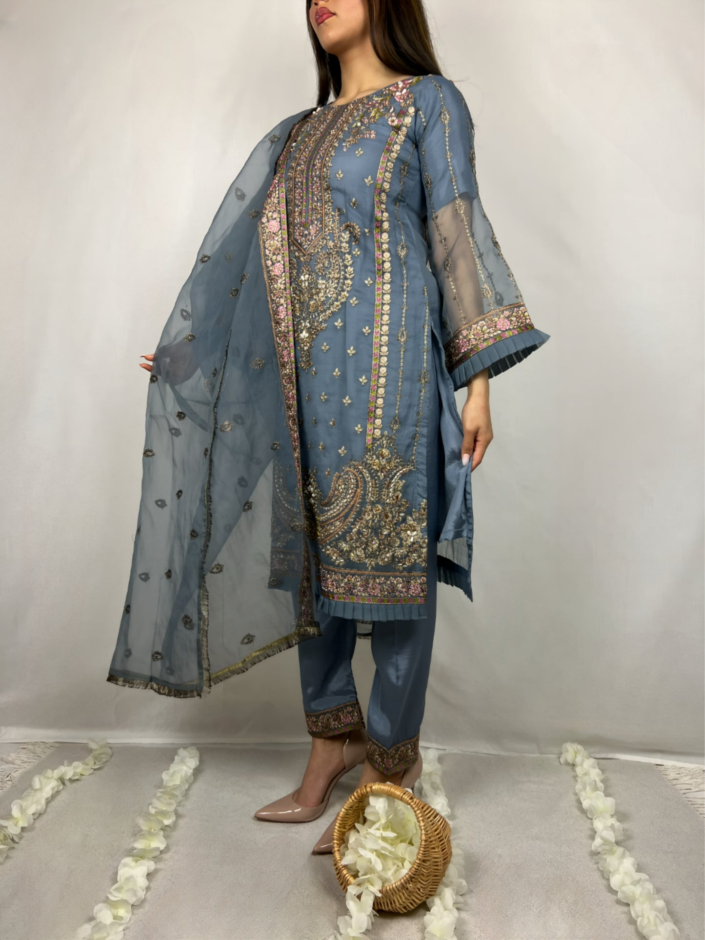 Steel Blue Straight Cut Salwar Kameez