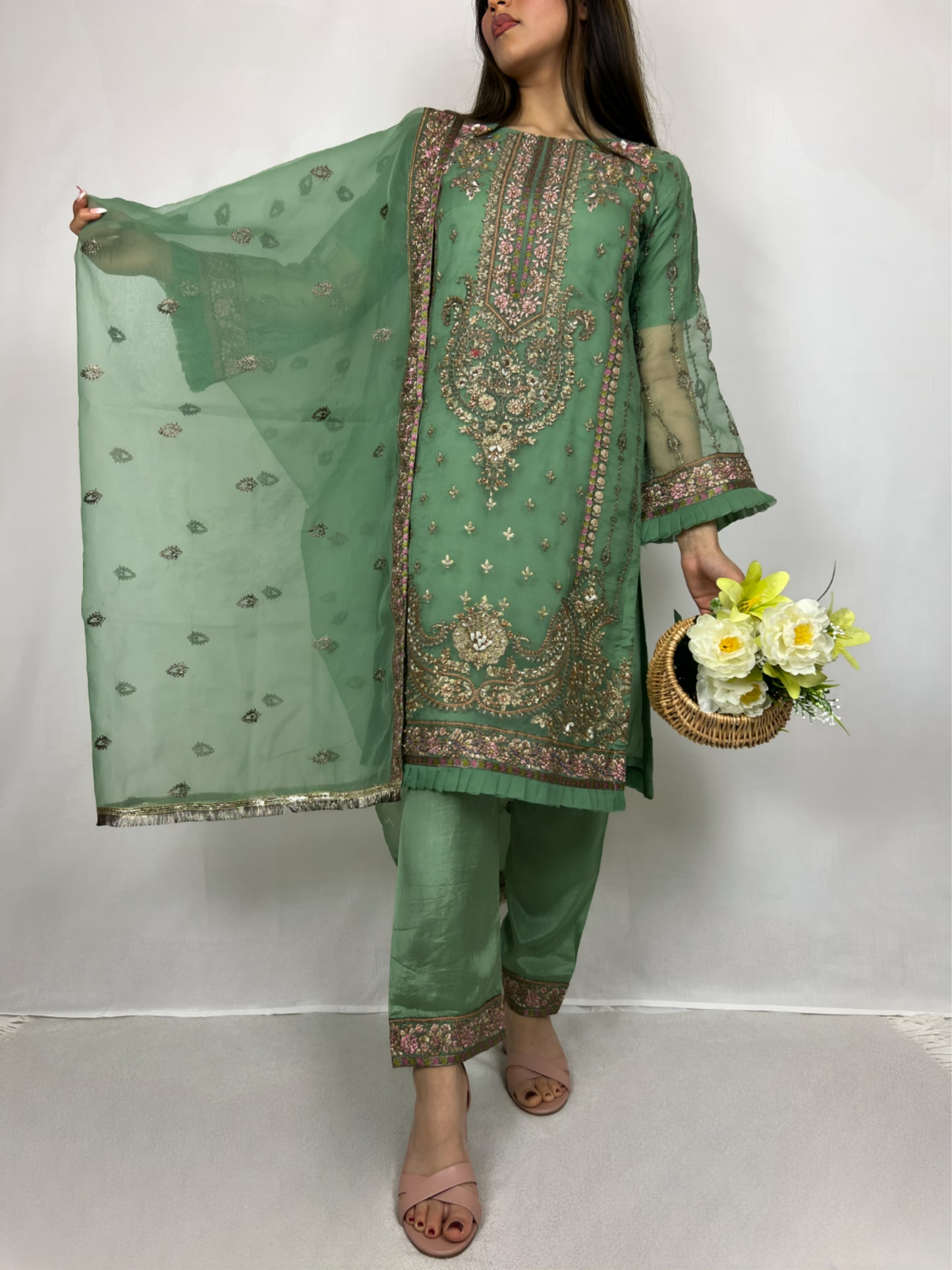 Lawn Green Straight Cut Salwar Kameez
