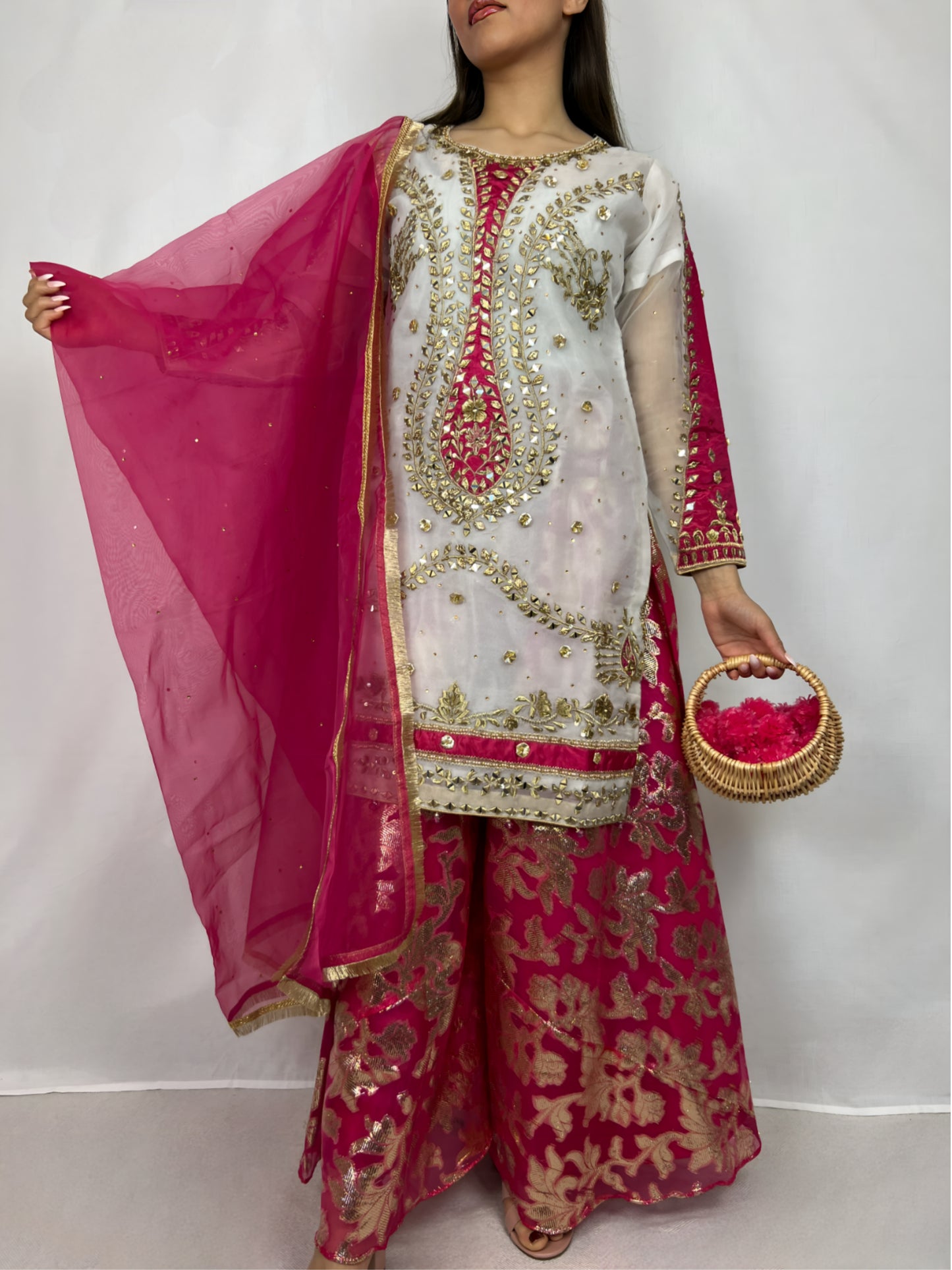 White & Hot Pink Mehndi Gharara Suit