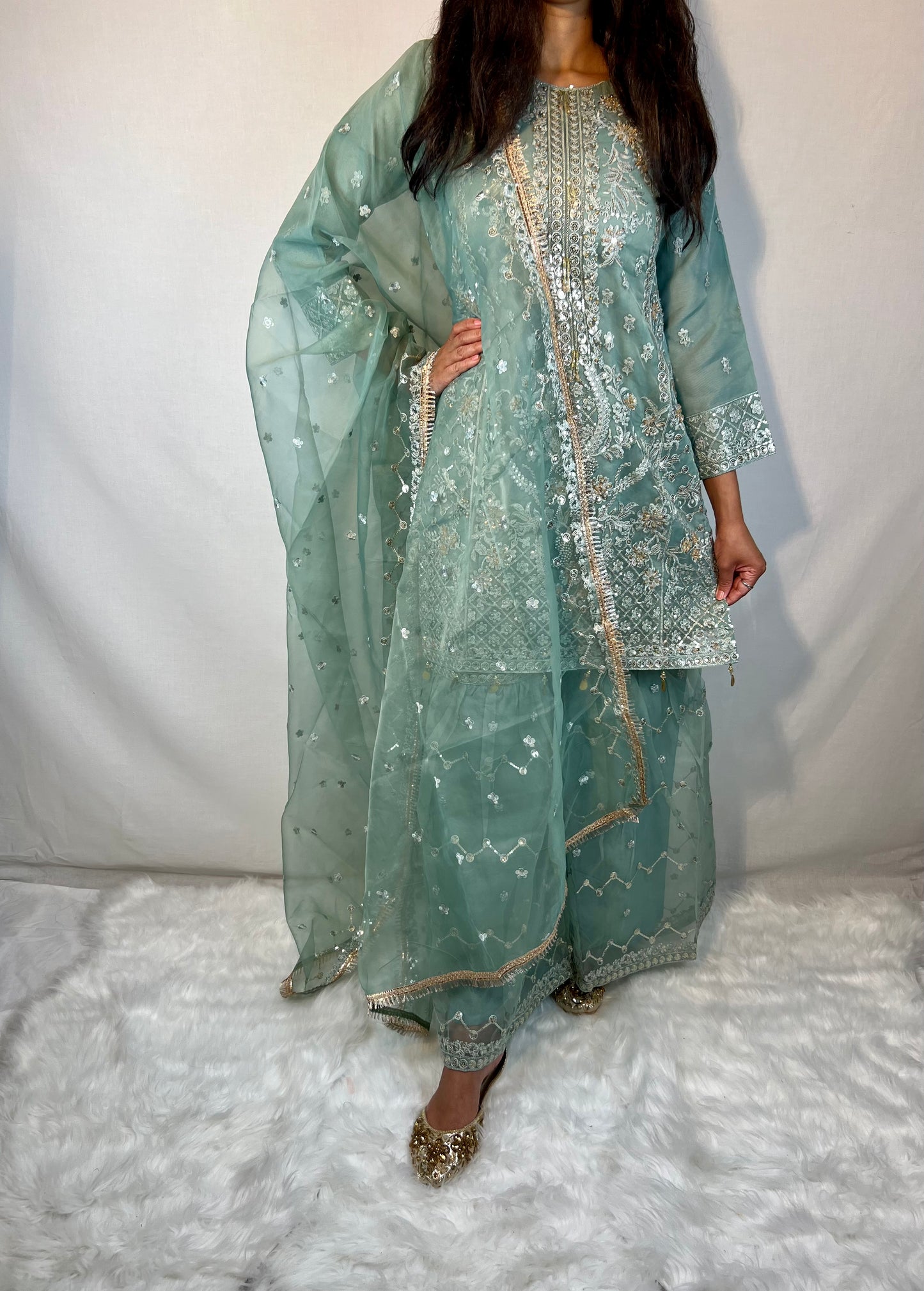 Turquoise Blue Embroidered Sharara
