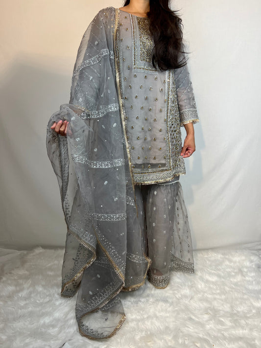 Grey Beaded Gharara Suit