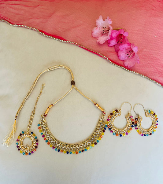 Gold & Multicoloured Jewellery Set With Round Bindi