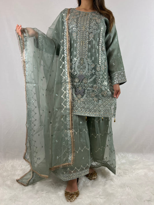 Dusky Sage Green Embroidered Sharara