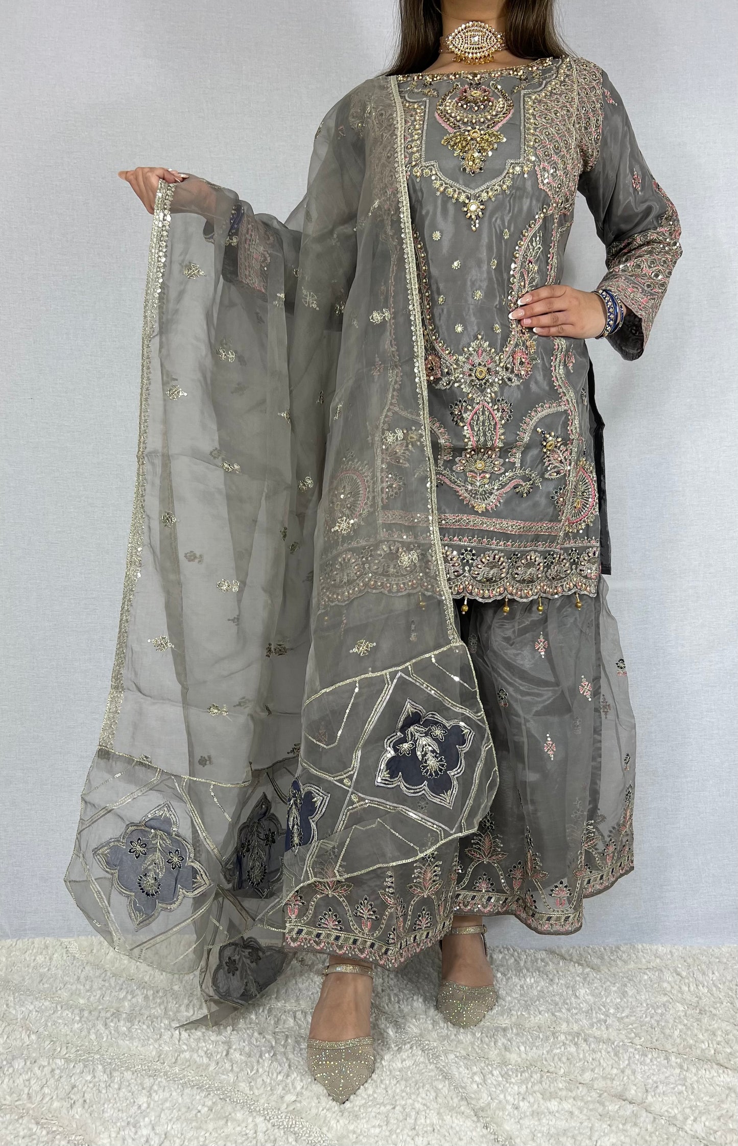 Floral Grey Sharara Suit