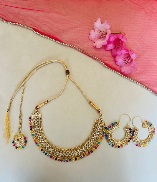 Gold & Multicoloured Jewellery Set With Thin Bindi