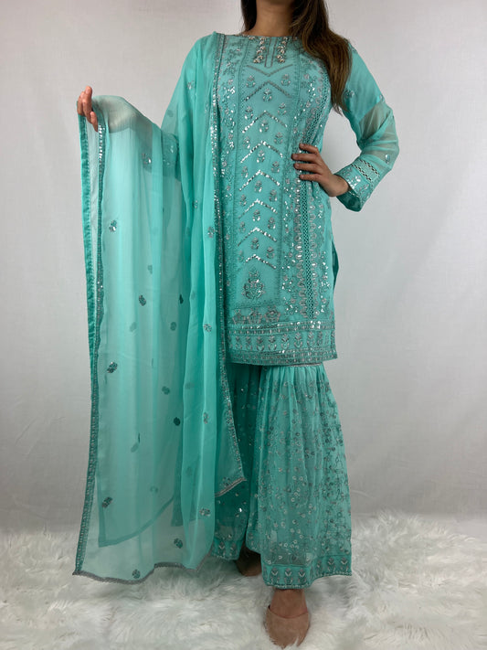 Aqua Blue Chiffon Sharara Suit