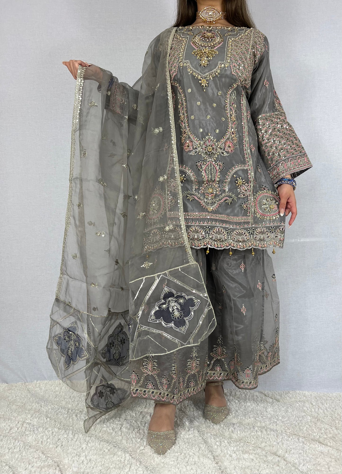 Floral Grey Sharara Suit