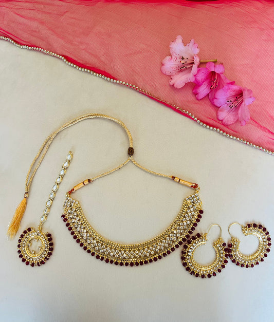 Burgundy Red & Gold Jewellery Set With Round Earrings