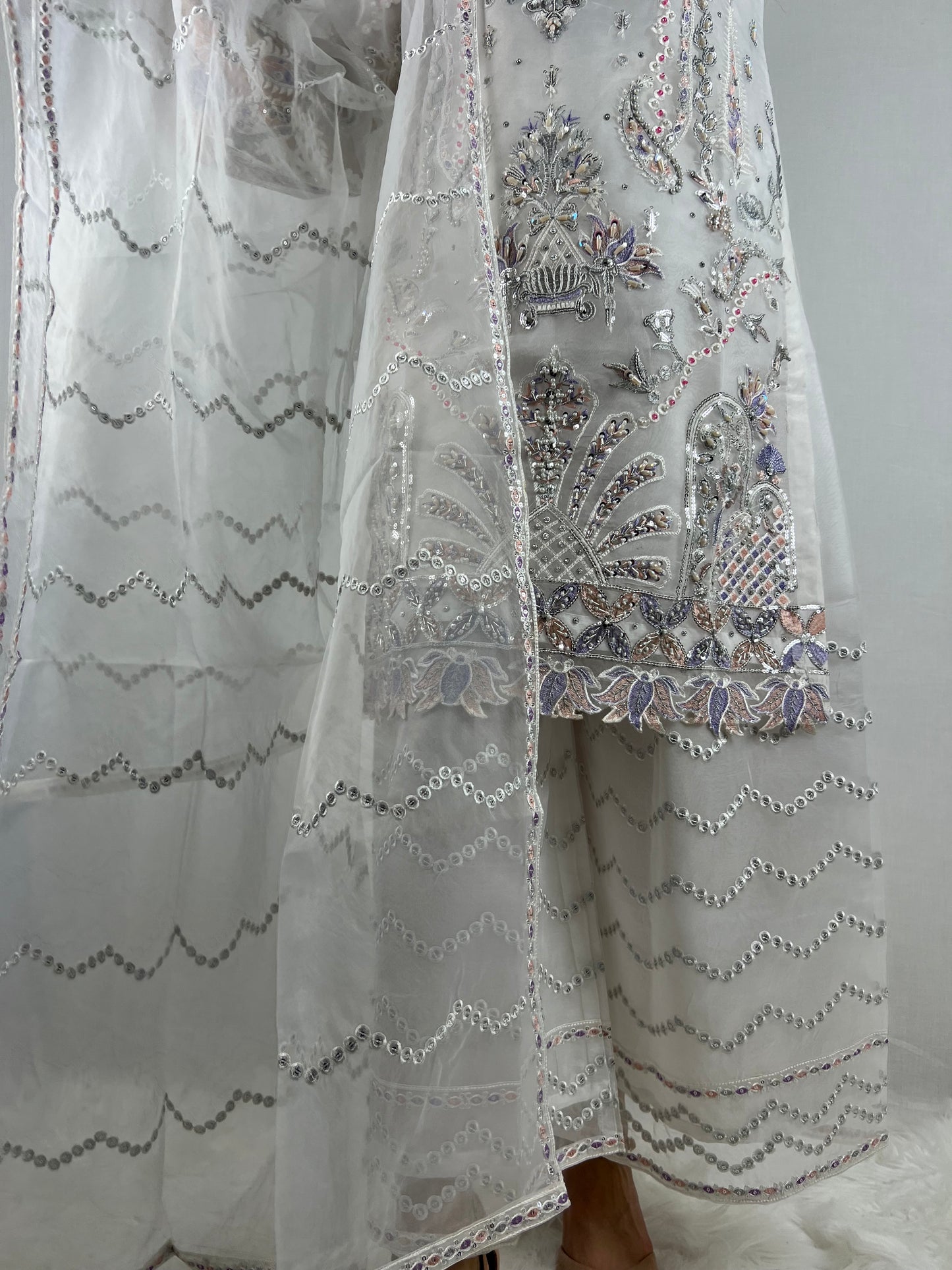 White & Pastel Embroidered Palazzo Suit
