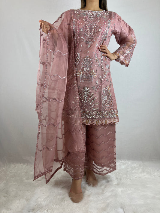 Dusty Rose Embroidered Palazzo Suit