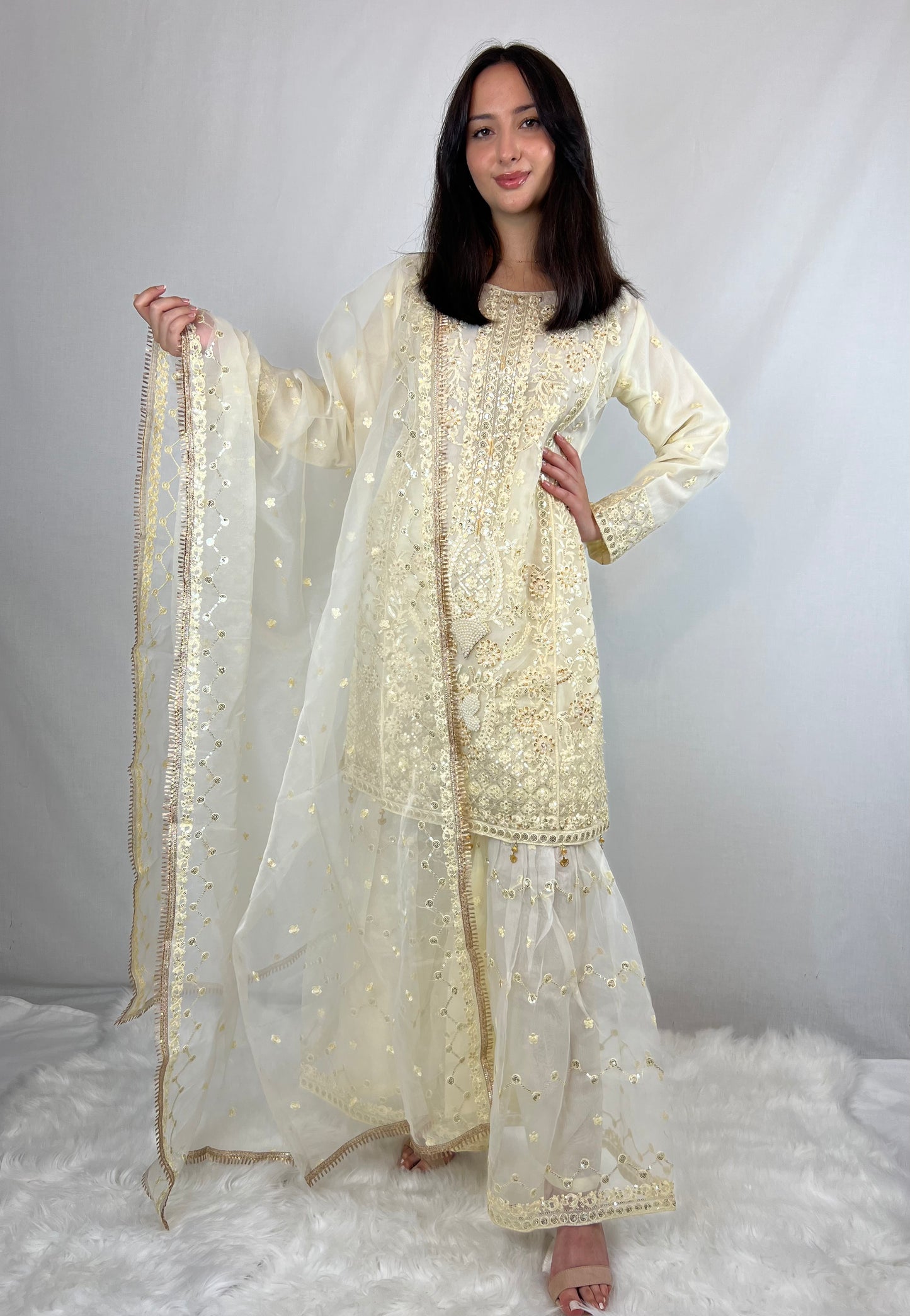 Cream Embroidered Sharara