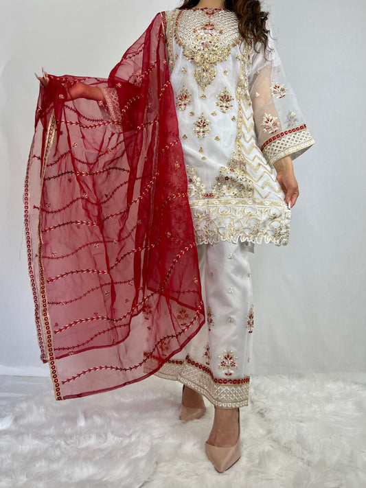 White & Red Sharara Suit