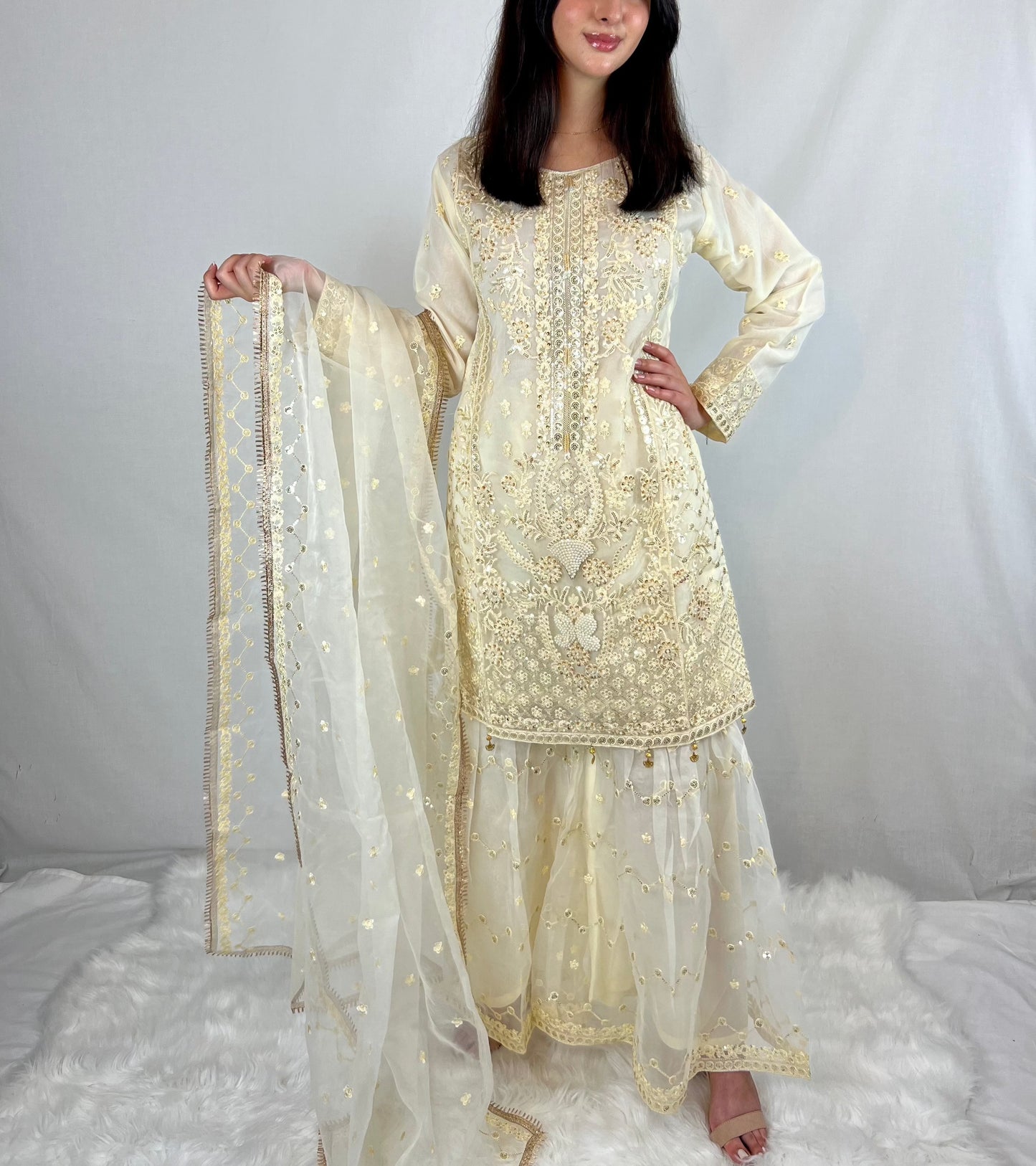 Cream Embroidered Sharara
