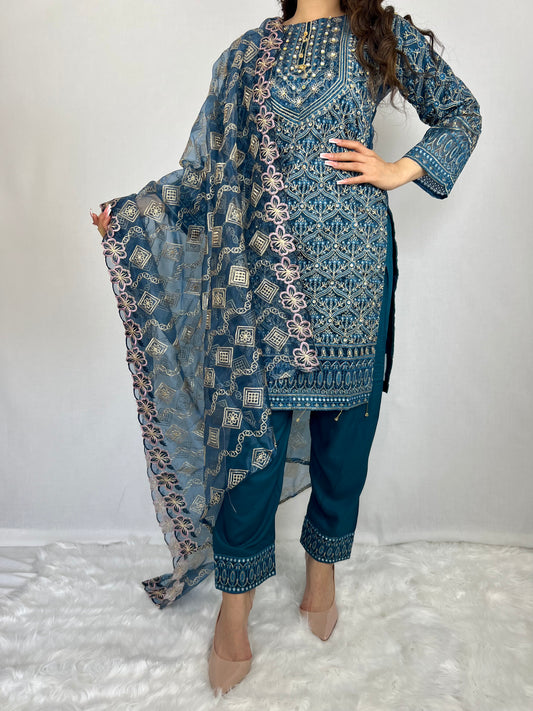 Turquoise Blue Salwar Kameez With Floral Dupatta