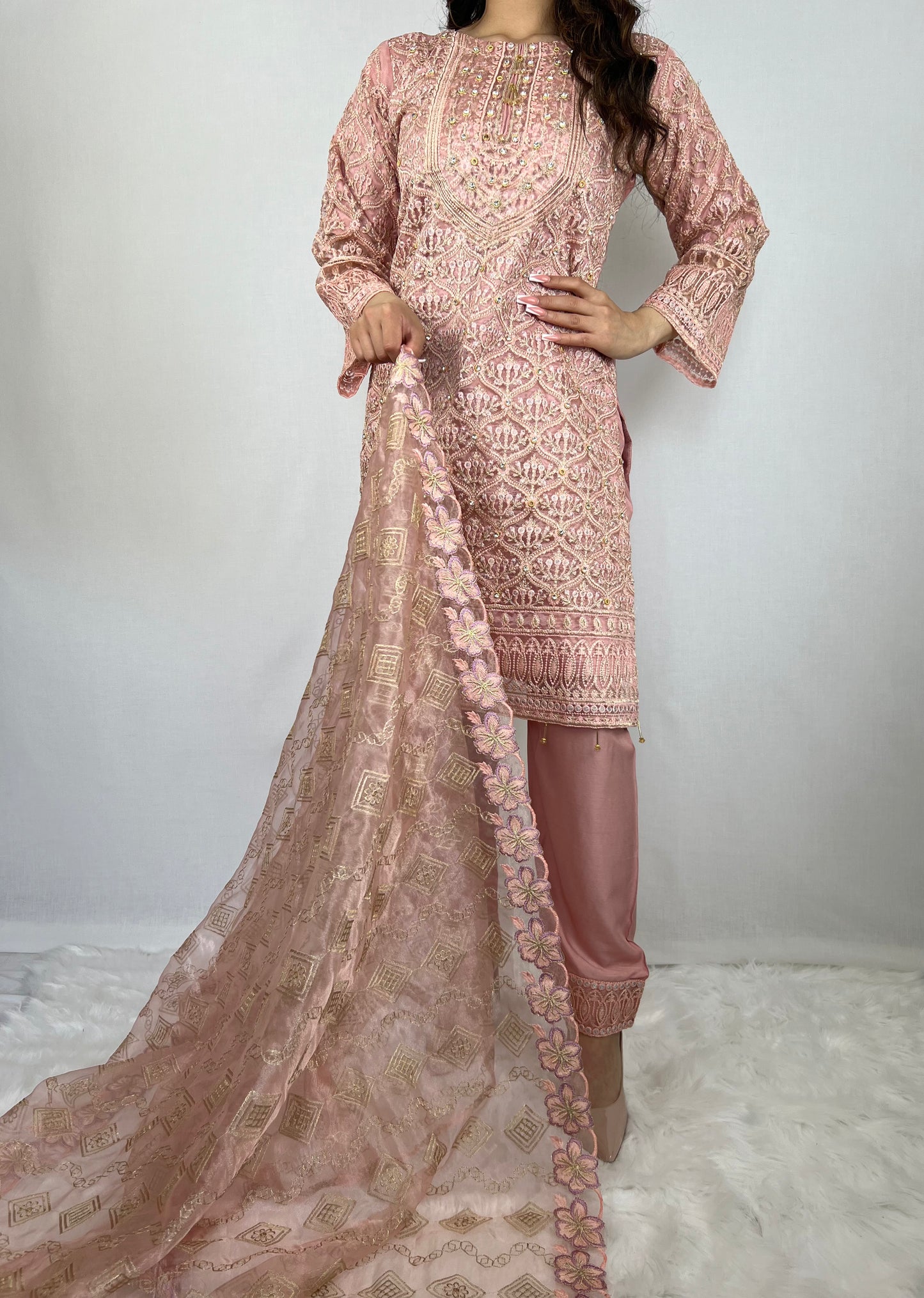 Baby Pink Salwar Kameez With Floral Dupatta