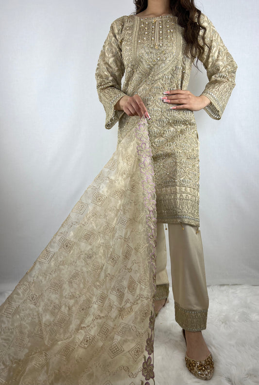 Light Gold Salwar Kameez With Floral Dupatta