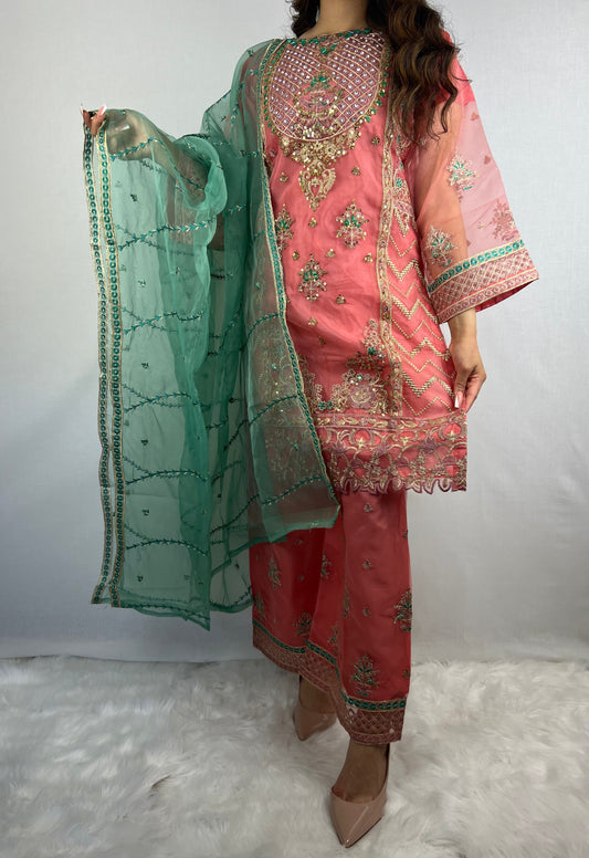 Rose Pink & Green Sharara Suit