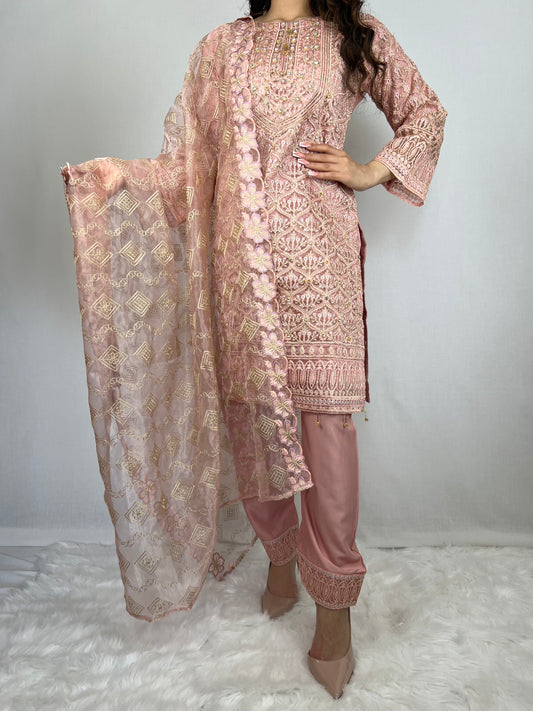 Baby Pink Salwar Kameez With Floral Dupatta