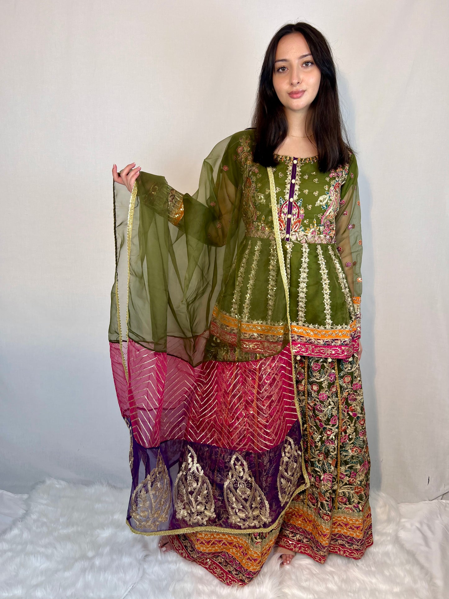 Floral Green Kurta and Lehenga
