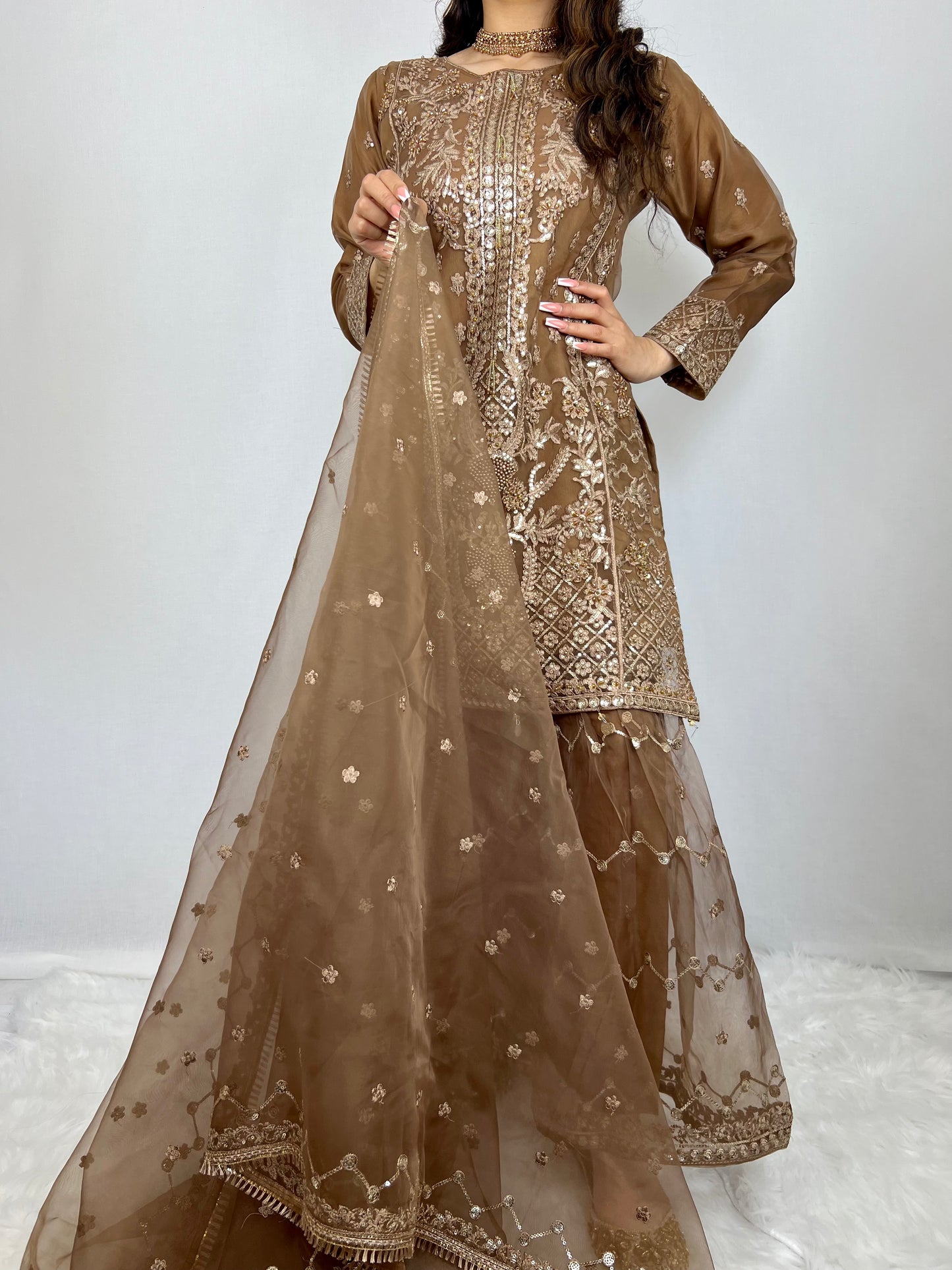Mehndi Brown Embroidered Sharara