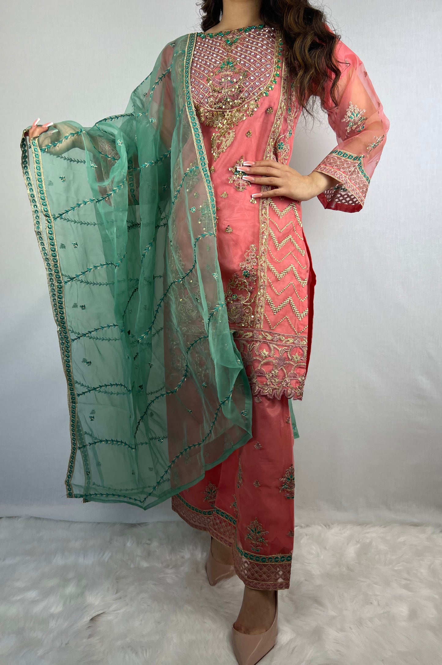 Rose Pink & Green Sharara Suit