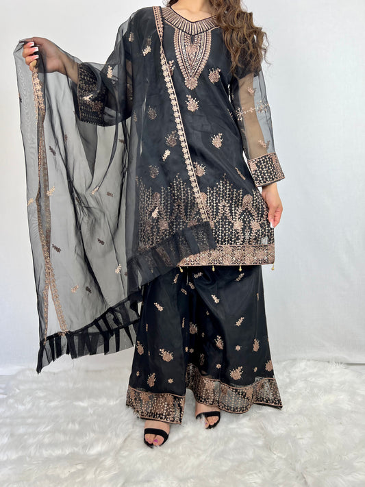 Kohl Black Embroidered Gharara