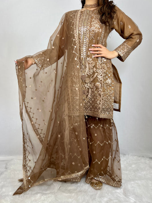 Mehndi Brown Embroidered Sharara