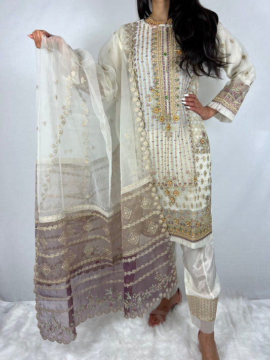 Cream  & Purple Salwar Suit