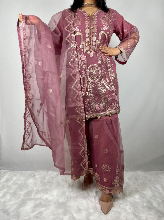 Mauve Pink Sharara Suit Gold Zardozi Embroidery