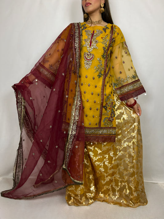 Yellow & Red Sharara Suit & Palazzo pants