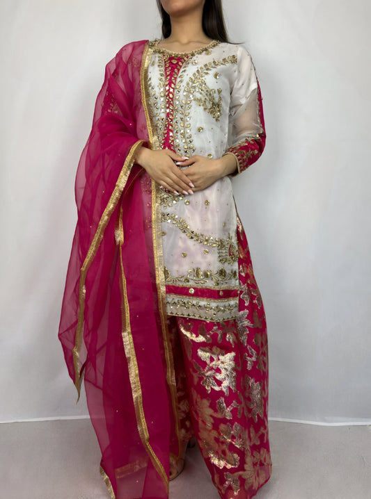 White & Hot Pink Mehndi Gharara Suit