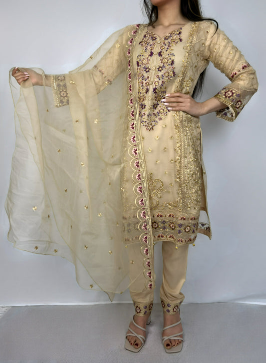 Gardenia Cream Organza Straight Cut Suit