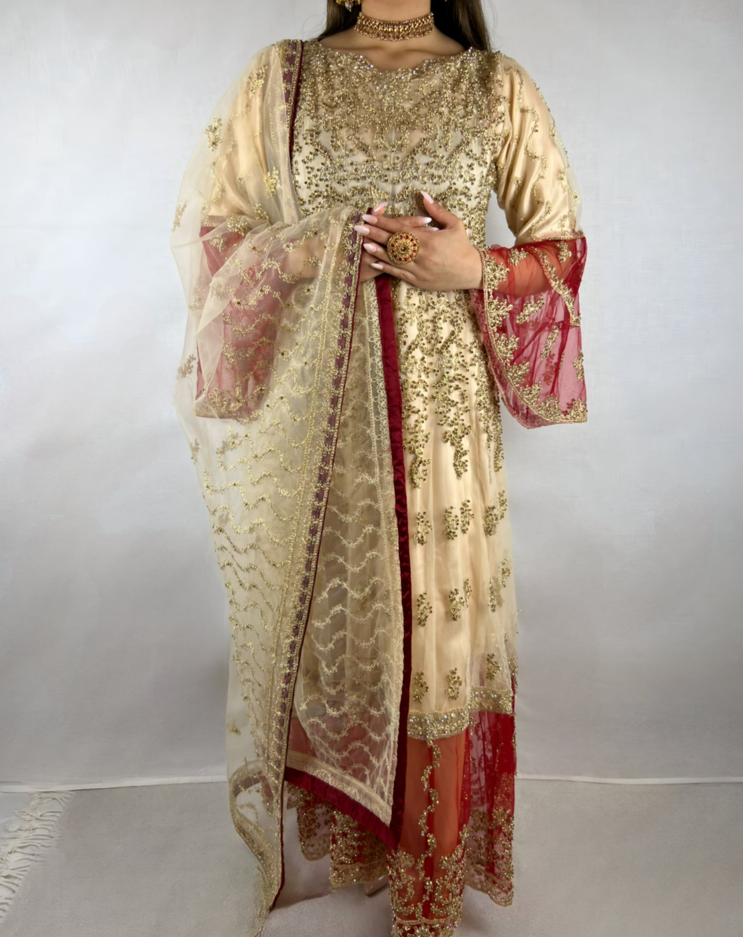 Cream & Red Georgette Anarkali Dress