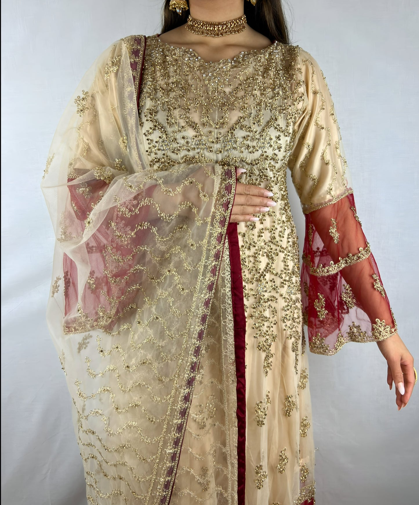 Cream & Red Georgette Anarkali Dress